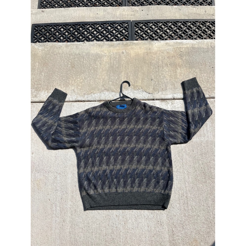 Towncraft Mens Medium Blue Green Geometric Knit Crewneck Sweater Vintage Style